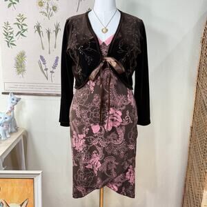 90s Y2k Chocolate Brown Velvet Floral Tie Cardigan Lolita Coquette Dark Fairy L